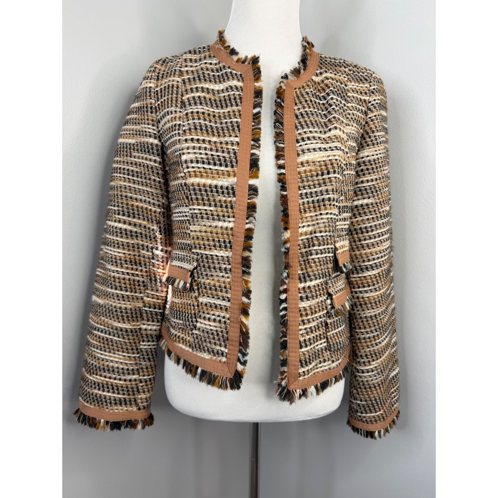 Bandolino Womens Tweed Open Front Jacket Brown Tan Leopard Print Lining Size 8